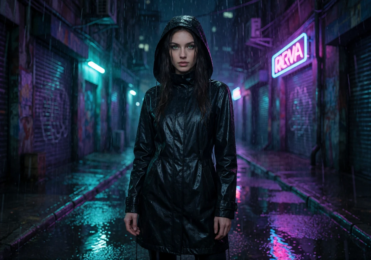 Mila im schwarzen Regenmantel in einer neonbeleuchteten Cyberpunk-Gasse als Rainbet Casino Krypto-Regen Motiv