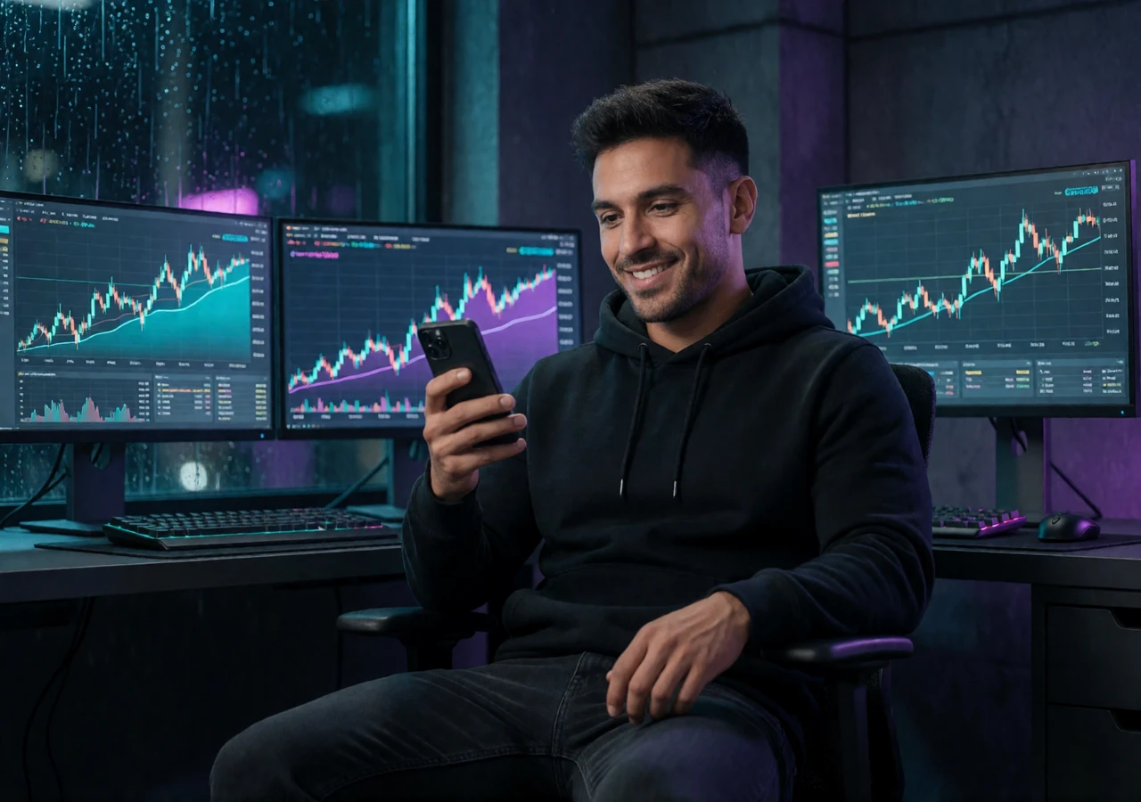 Mateo im schwarzen Tech-Hoodie pr&uuml;ft sein Handy in einem dunklen B&uuml;ro mit Neon-Charts - Rainbet Auszahlung unterwegs
