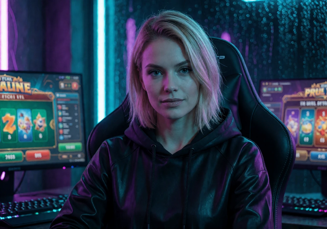 Spielerin im futuristischen Gaming-Setup mit Neon-Licht und Casino-Bildschirmen f&uuml;r provably fair Spiele bei Rainbet